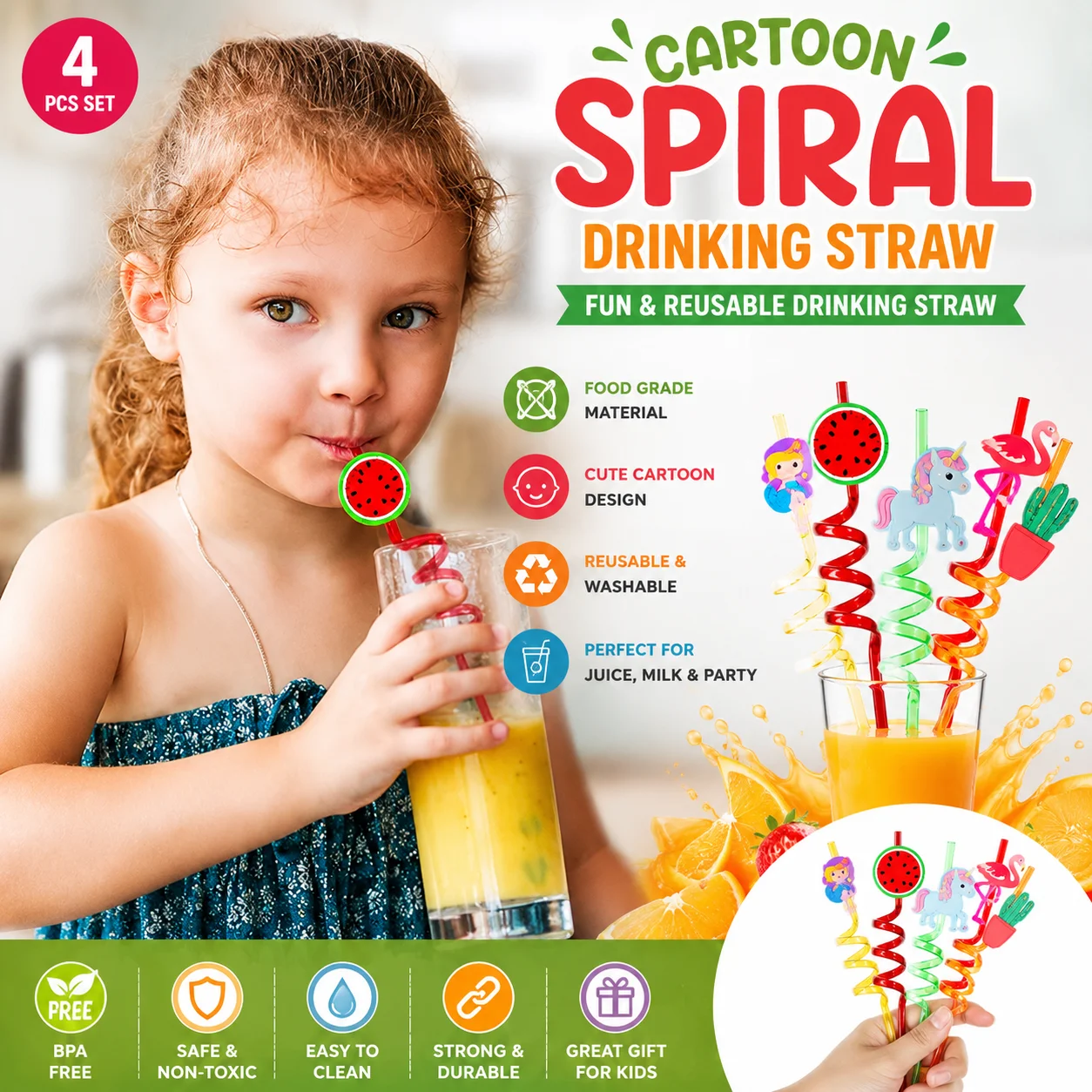 4Pcs Straw for Kids & Party Decoration Colorful Fruit Style Straw/Reusable Straws Smoothie Drinking Straws for Milkshakes 4