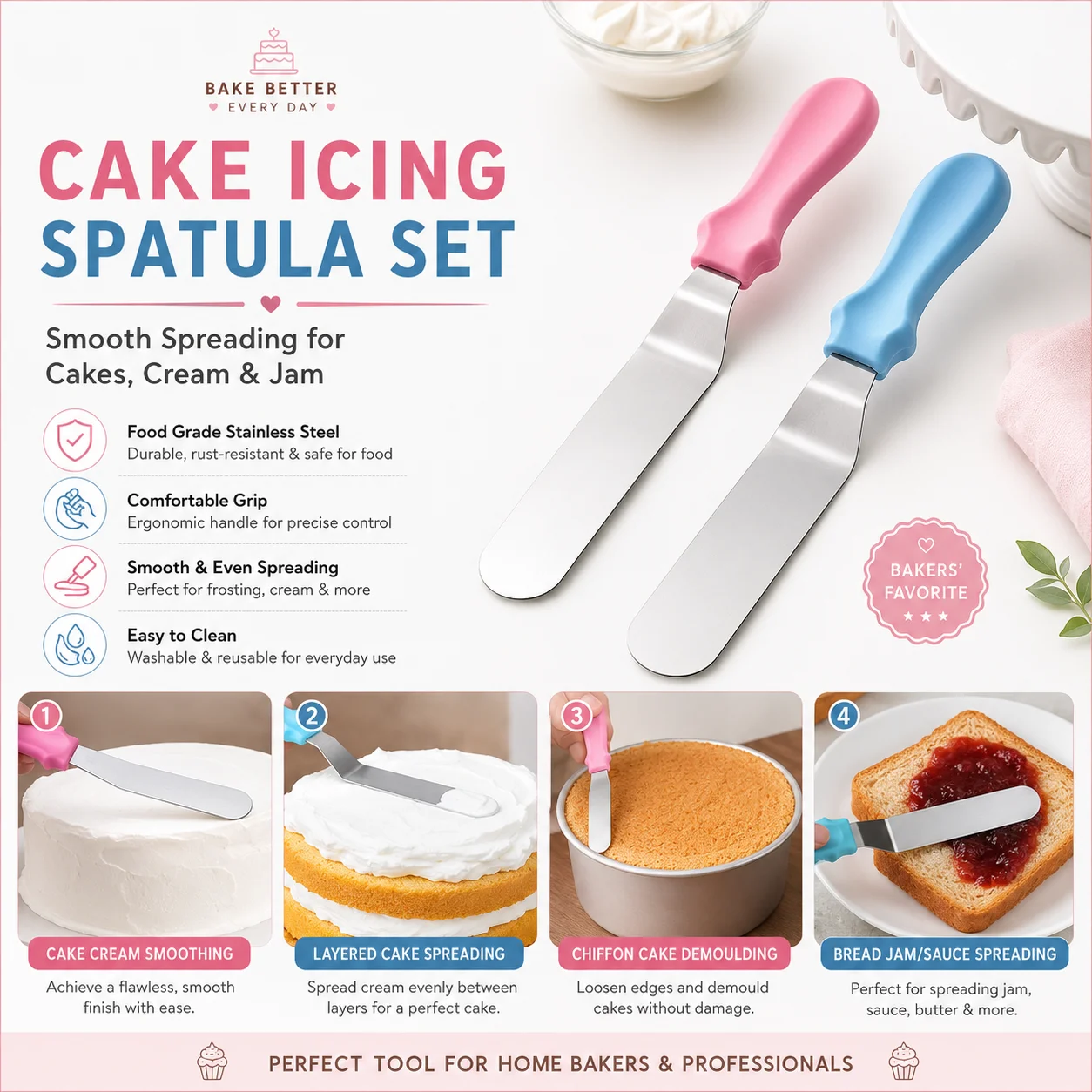 3pcs Stainless steel cream spatula, Butter Cake Cream Smoother Spatula Fondant Pastry Tool, Baking Pastry Cake Decorating Tools 3