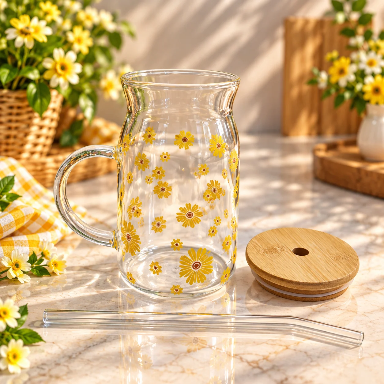 450ml Premium Glass Tumbler with Bamboo Lid, Handle & Reusable Glass Straw – Floral Design Beverage Cup 4