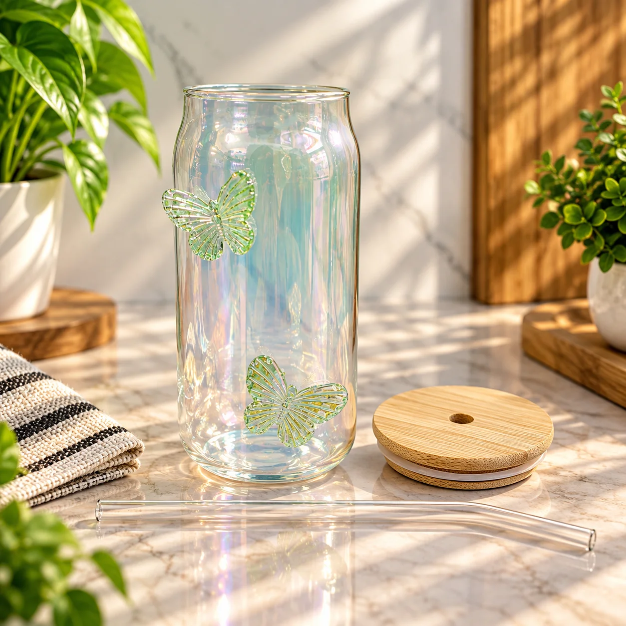 450ml Premium Glass Tumbler with Bamboo Lid & Glass Straw – Butterfly Design Reusable Beverage Cup 2