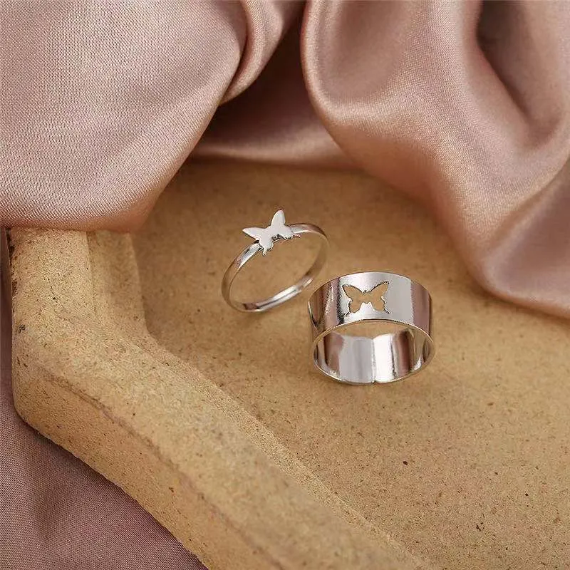 2Pcs/Set Butterfly Opening Alloy Wide Thin Hollow Couple Rings Finger Rings for Anniversary 3