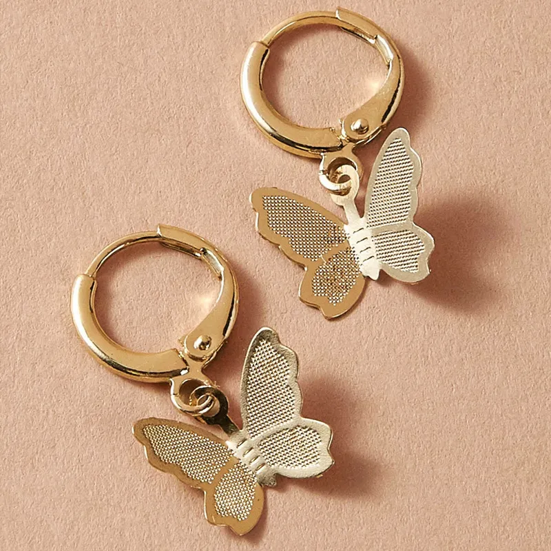 Trendy Butterfly Earring Charm Vintage Frosted Butterfly Hoop Huggie Earring Gold Color Small Round Hoop Earring Ear Jewelry 2