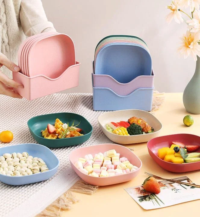 Square Plastic Dinner Plate Set (Set of 10 Pcs) Colorful Snacks / Breakfast Plate with Stand 4