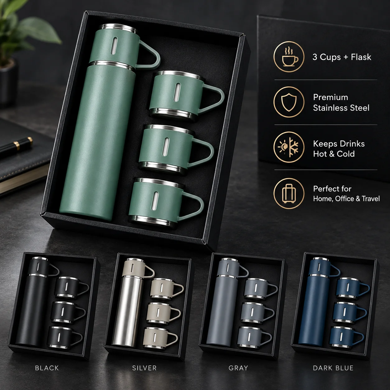 Vacuum Flask Gift Set -Vacuum Flask Set with 3 Cups/ Stainless Steel Vacuum Flask Set/ Coffee Mug/ Tea Mug/ Travel Mug 3