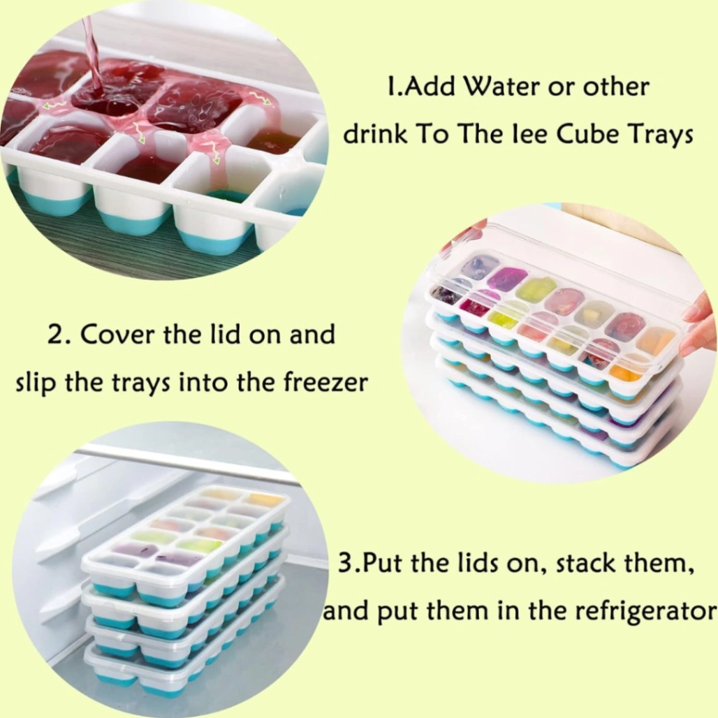 Silicone Ice Cube 14 Trays with Lid with Easy Release & Durability, Stackable & Bpa Free Ice Tray for Drinks, Fruit, Yogurt, Cocktail, Flexible Ice Trays for Freezer 4