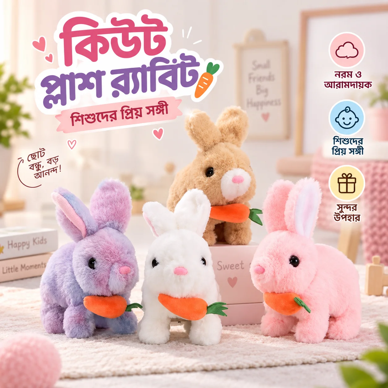 Bunny Carrot Plush Toy Electric with Lighting Sound, Battery Operated Hopping Robotic Rabbit Toys for Kids, Fun Wiggle Ears Pochy 3