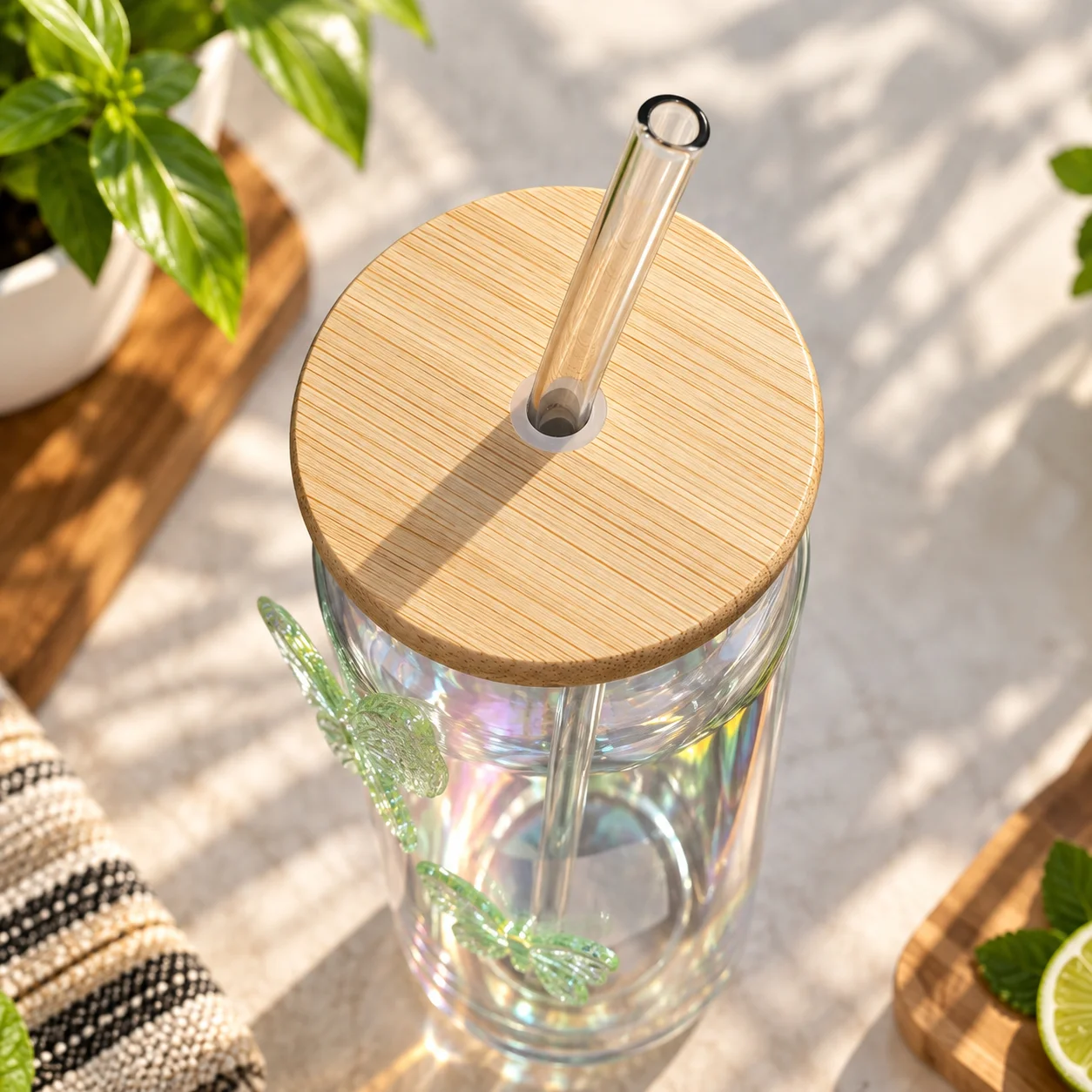 450ml Premium Glass Tumbler with Bamboo Lid & Glass Straw – Butterfly Design Reusable Beverage Cup 3