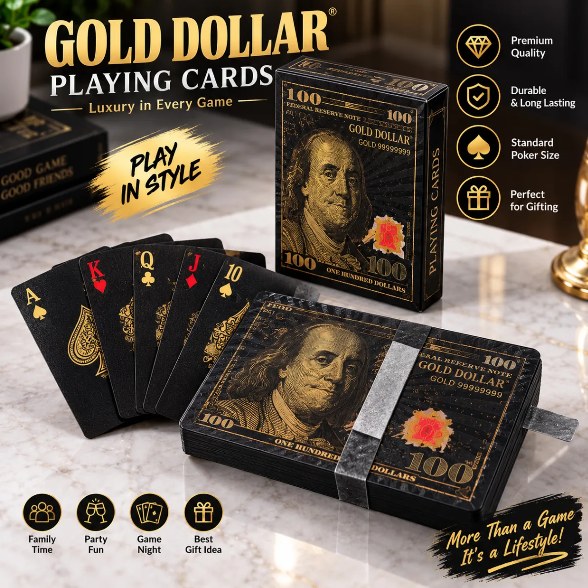 Gold Premium Poker Card Waterproof Plastic Foil Luxury Poker Card Playing Cards Game - Golden Silver Black PET Card Tash Play Card 54 Pcs Colourful 2