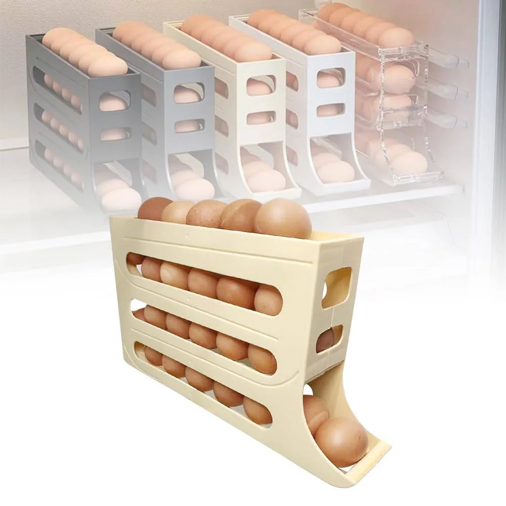 Slide Egg Storage Box Refrigerator Side Door Storage Box Automatic Scrolling Egg Holder Tray 4 Layer Rolling Egg Dispenser Rack 4