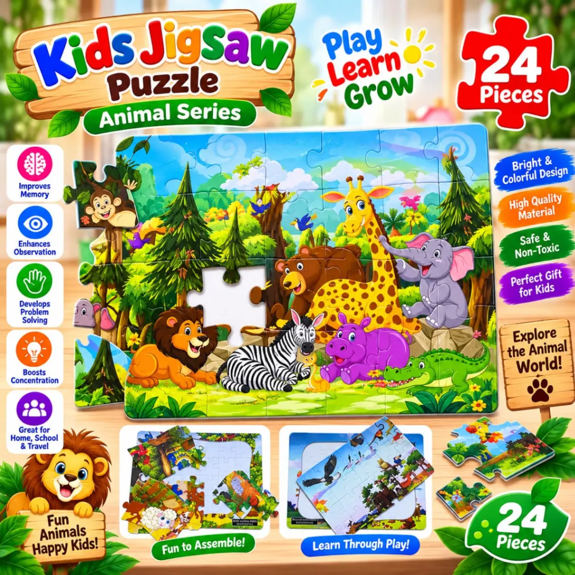 24 Piece Kids Jigsaw Puzzle Animal Set 8 x 10.8 Inch - Puzzle Toy For Kids 3