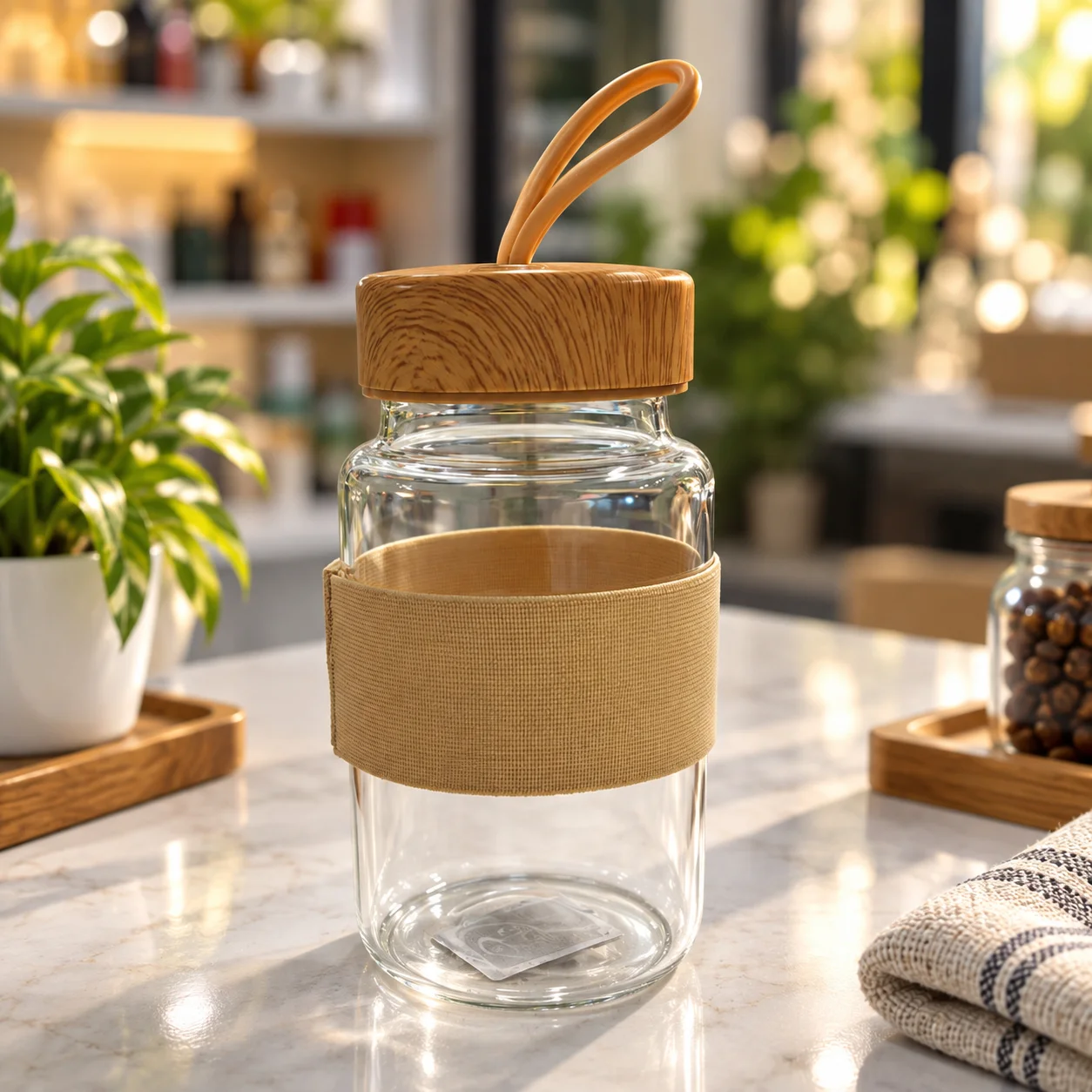 450ml Glass Water Bottle with Wooden Lid & Carry Handle – Reusable Premium Glass Bottle for Water, Juice & Beverages 2