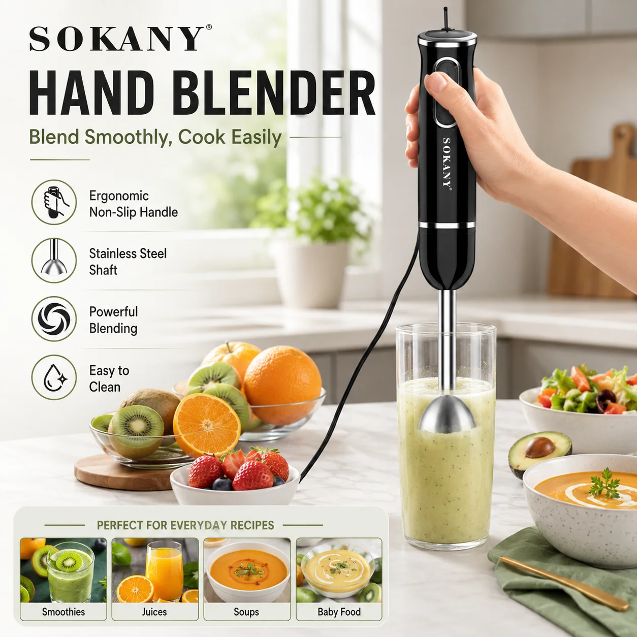 Sokany SK-1726 Stainless Steel Electric Hand Blender With Cup 300 watts 4