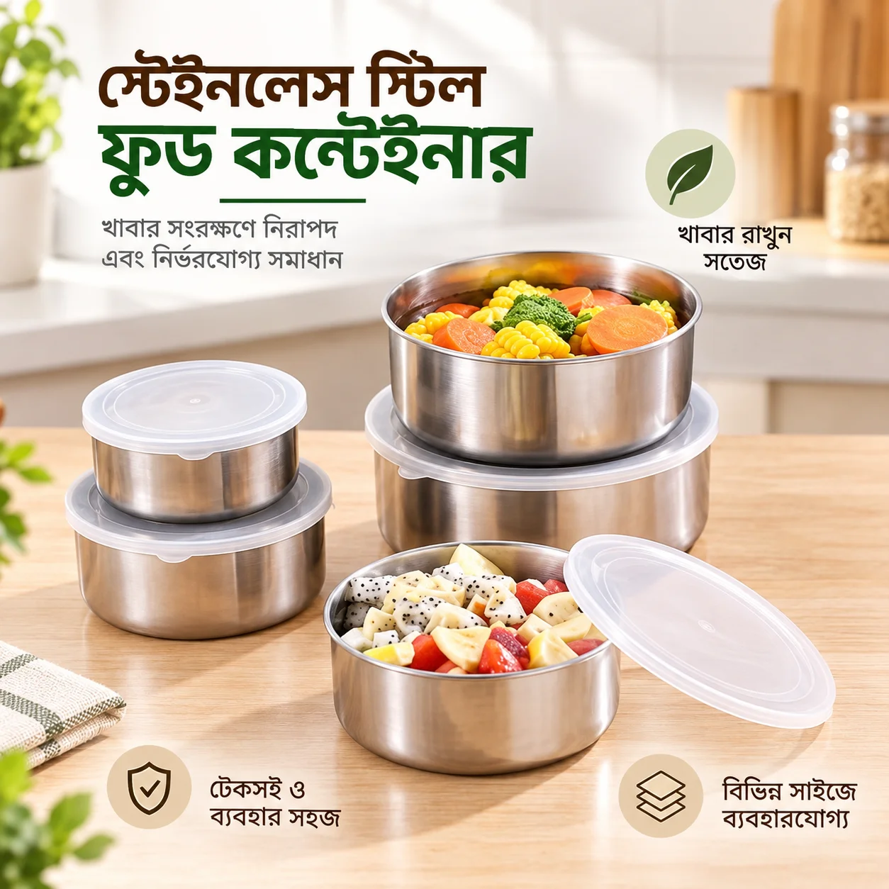 Stainless Steel Food Box 5 Pieces With Food Grade Plastic Cover, Protect Fresh Box 2