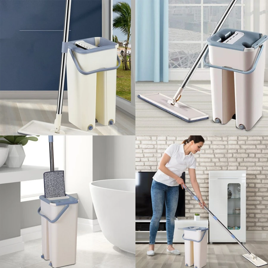Scratch Cleaning Mop with Bucket, Floor Mop with Flat Microfiber Cleaning Cloth And Bucket Set 3