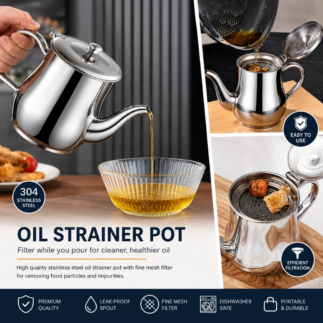 Stainless Steel Oil Strainer Pot Container Jug Storage with filter Cooking Oil Pot 2