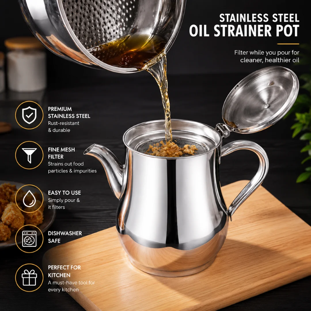 Stainless Steel Oil Strainer Pot Container Jug Storage with filter Cooking Oil Pot 1