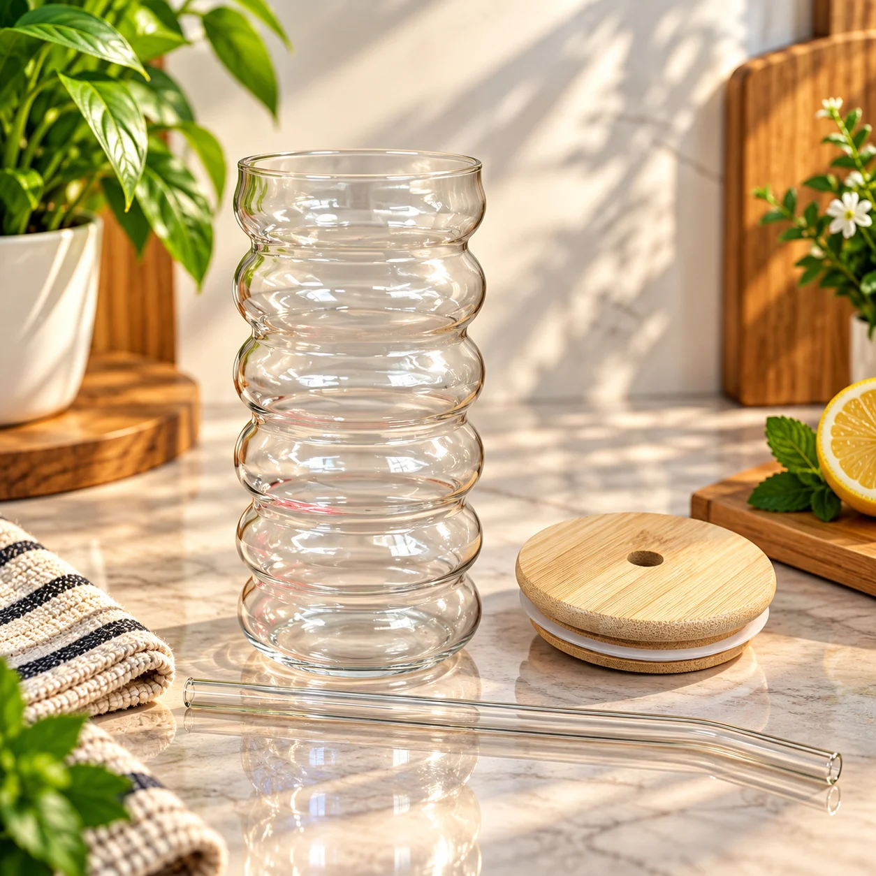 450ml Premium Glass Tumbler with Bamboo Lid & Reusable Glass Straw – Stylish Beverage Cup 2