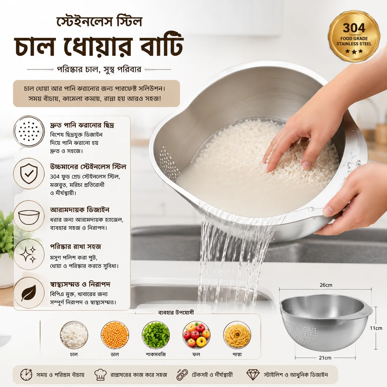 Rice Washer Strainer Bowl Stainless Steel Rice Washing Bowl Rice Sieve Colander Fruit And Vegetable Strainer 2