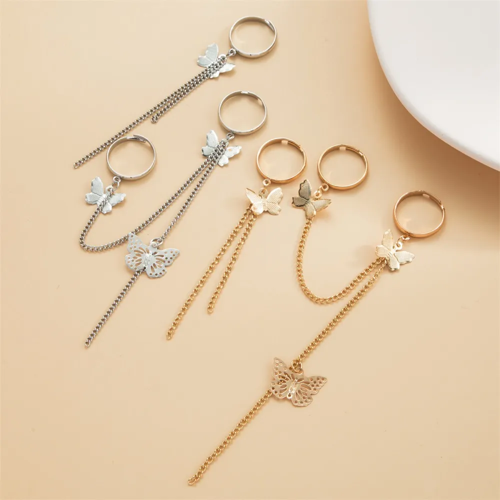 Gold Zircon Butterfly Chain Open Rings For Women Girls Sweet Elegant Tassel Rings Wedding Engagement Party Jewelry Gifts 6