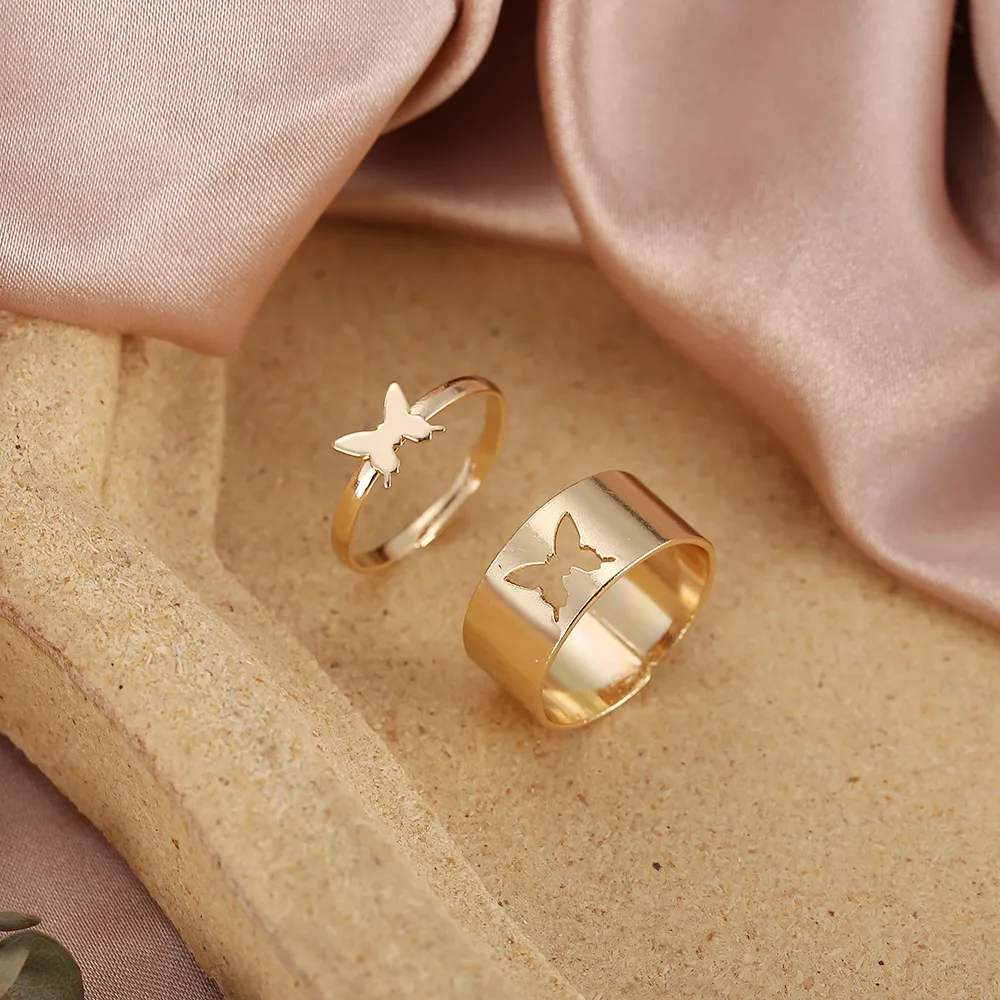 2Pcs/Set Butterfly Opening Alloy Wide Thin Hollow Couple Rings Finger Rings for Anniversary 2