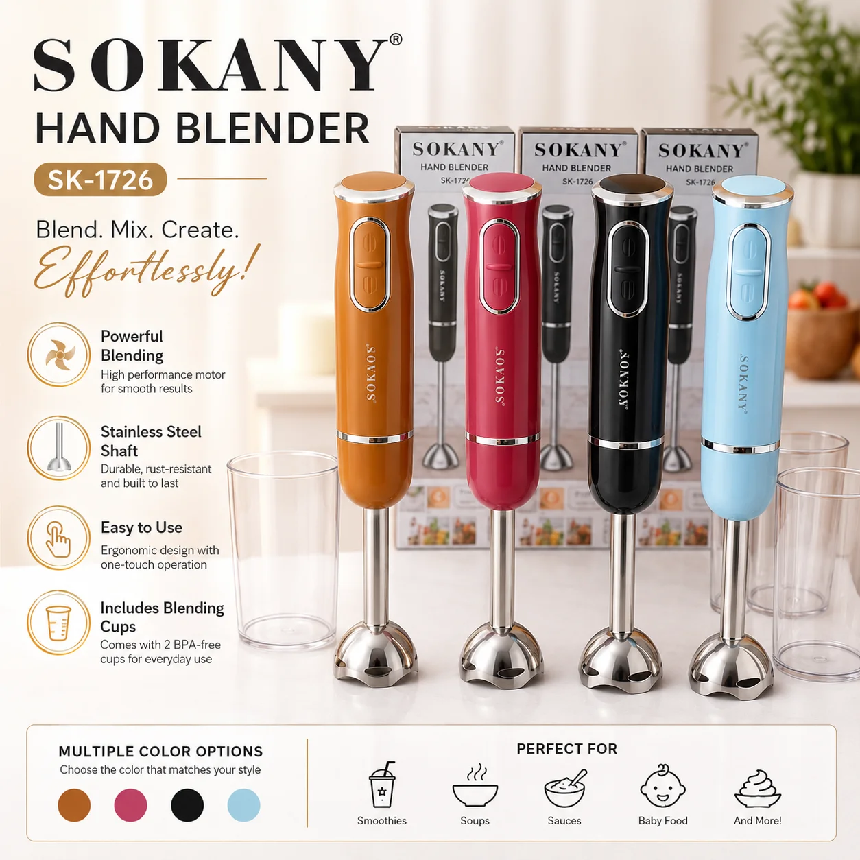 Sokany SK-1726 Stainless Steel Electric Hand Blender With Cup 300 watts 3