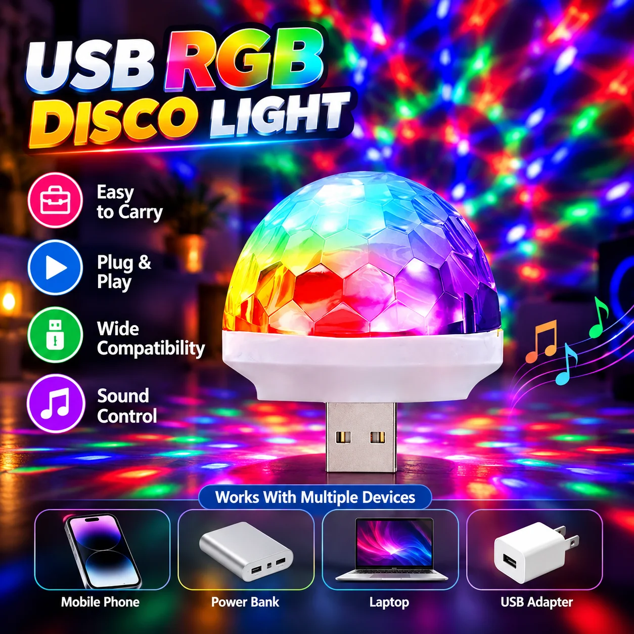 Usb Mini Led Disco Magic Ball Lights, Sound Sensor Led Small Magic Ball Light 3