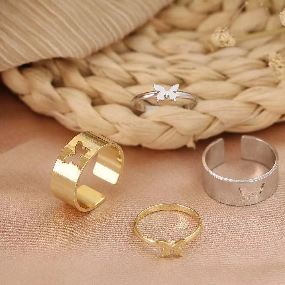 2Pcs/Set Butterfly Opening Alloy Wide Thin Hollow Couple Rings Finger Rings for Anniversary 4