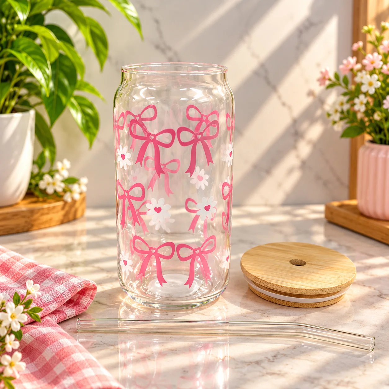 500ml Premium Glass Tumbler with Bamboo Lid & Reusable Glass Straw – Pink Bow & Flower Design 2