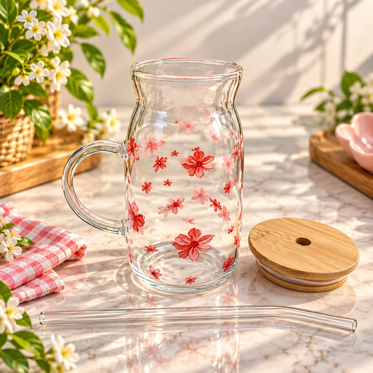 450ml Premium Glass Tumbler with Bamboo Lid, Handle & Reusable Glass Straw – Floral Design Beverage Cup 2