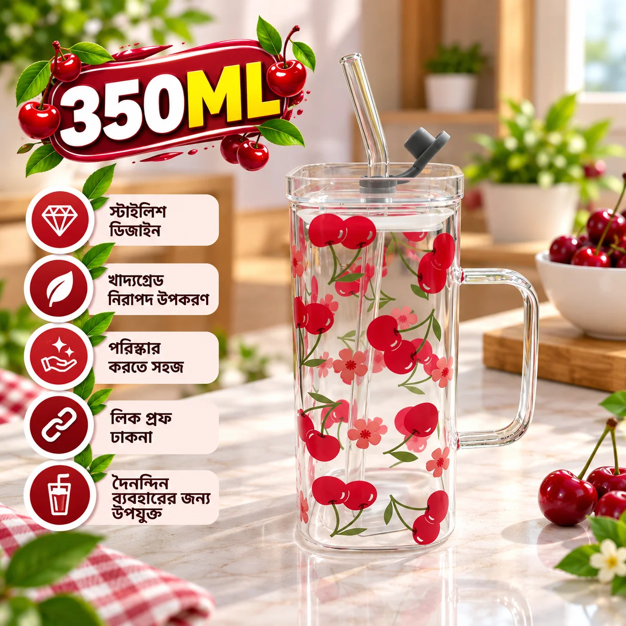 350ml Premium Glass Tumbler with Lid & Reusable Glass Straw – Floral & Bow Printed Design Beverage Cup 3
