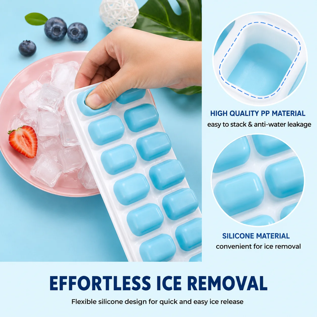Silicone Ice Cube 14 Trays with Lid with Easy Release & Durability, Stackable & Bpa Free Ice Tray for Drinks, Fruit, Yogurt, Cocktail, Flexible Ice Trays for Freezer 3