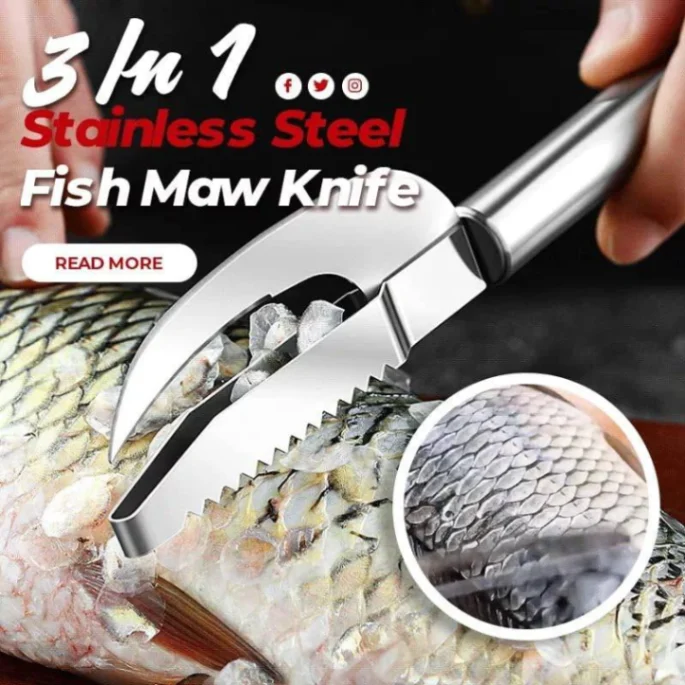 Fish Scale Knife Cut/Scrape/Dig 3-In-1, Fish Scale Knife, Fish Scaler Remover, 3-In-1 Fish Scaler Remover Cutter, Stainless Steel Fish Scale Remover, Stainless Steel 3 In 1 Fish Maw Knife 6