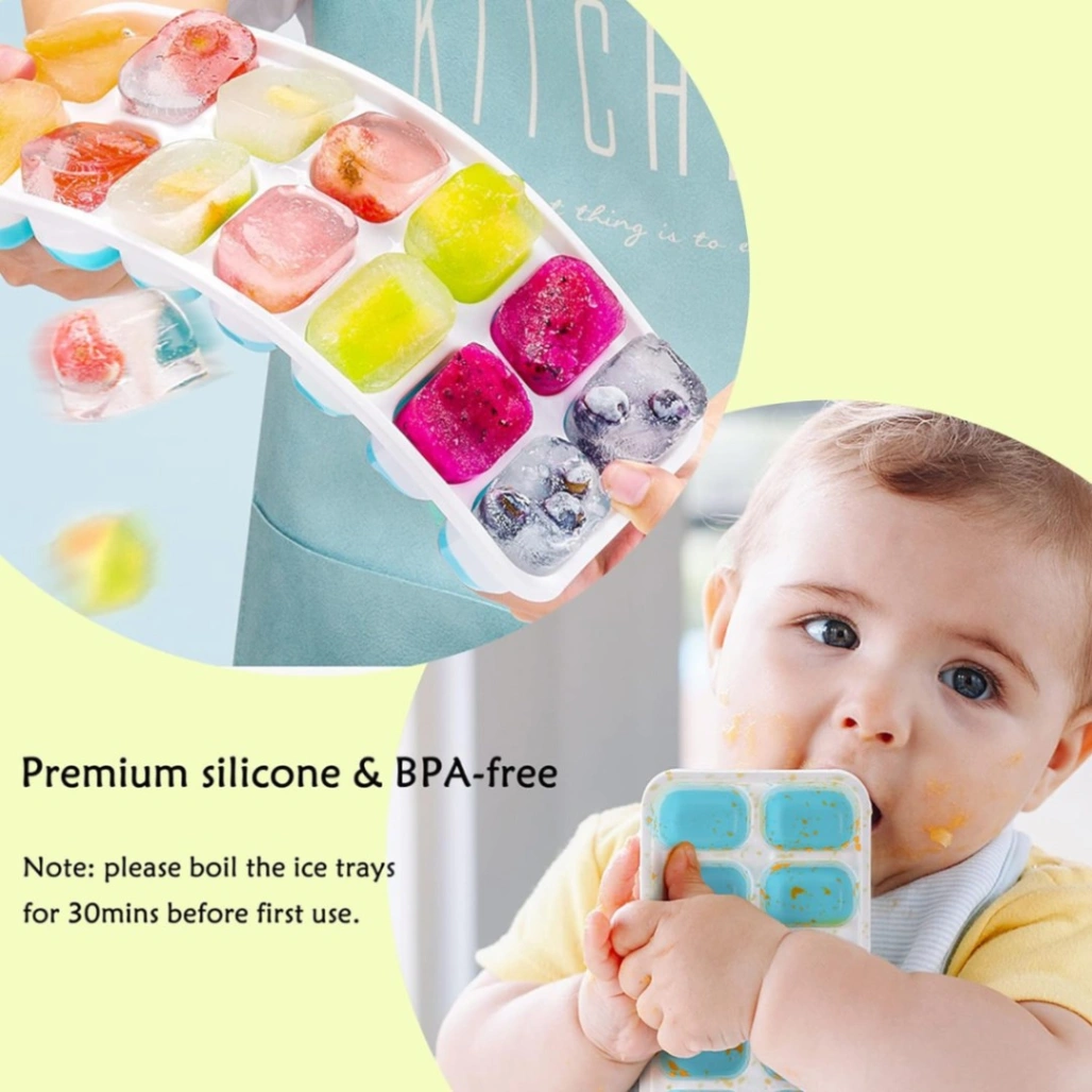 Silicone Ice Cube 14 Trays with Lid with Easy Release & Durability, Stackable & Bpa Free Ice Tray for Drinks, Fruit, Yogurt, Cocktail, Flexible Ice Trays for Freezer 2