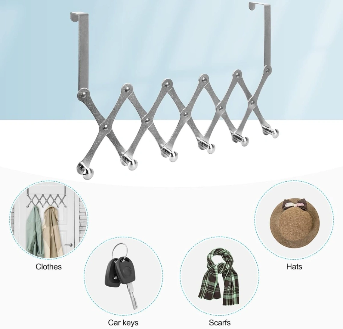 Stainless Steel 6-Hook Flexible Over the Door Hook Hanger 6