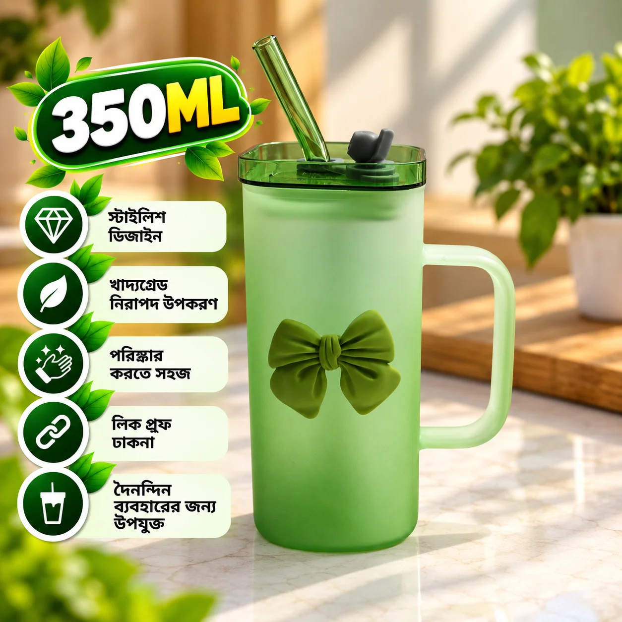 350ml Premium Glass Mug with Lid & Reusable Glass Straw – Cute Bow Design Beverage Cup 3