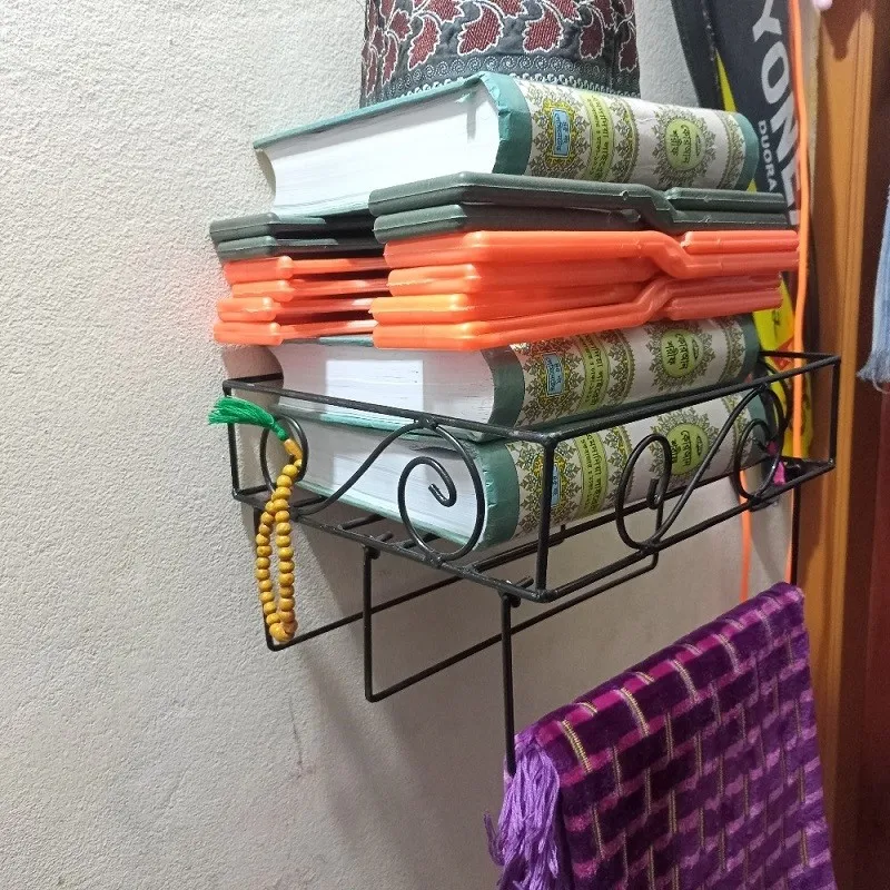 Sturdy and Elegant 12" Metal Wall Quran Stand in Black – Comes with 2 Jaymamaz Hangers – Ideal for Quran Sharif Display and Jainamaj Hanging – Perfect Wall Mount Stand for Home or Mosque. 3