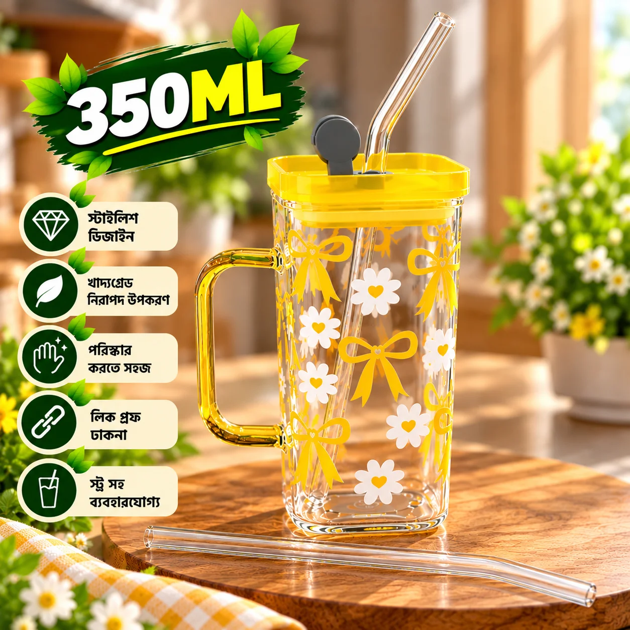350ml Premium Glass Tumbler with Lid & Reusable Glass Straw – Floral & Bow Printed Design Beverage Cup 2