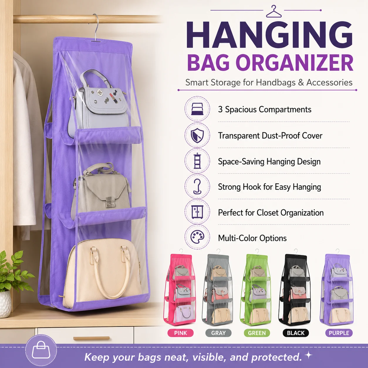 6 Pocket Hanging Organizer, Dust-Proof Storage Bag Holder, Hanging Handbag Organizer 1