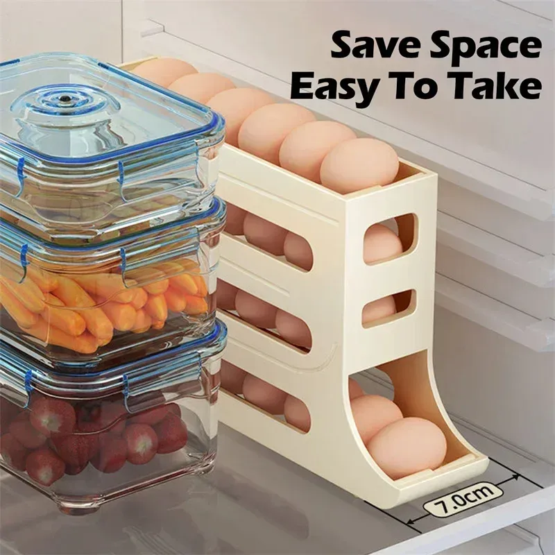 Slide Egg Storage Box Refrigerator Side Door Storage Box Automatic Scrolling Egg Holder Tray 4 Layer Rolling Egg Dispenser Rack 3