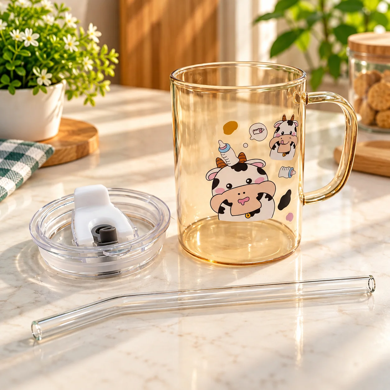 400ml Premium Glass Milk Mug with Lid & Glass Straw – Cow Print Cartoon Design Drinking Cup 2