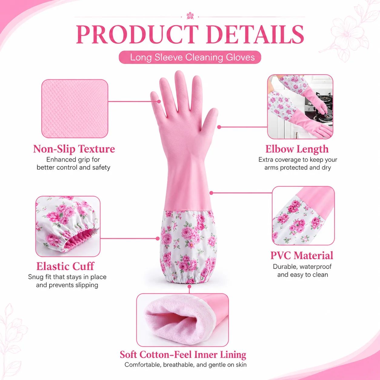 PVC Kitchen Gloves 2Pcs, Silicone Dish Washing Kitchen Hand Gloves 2
