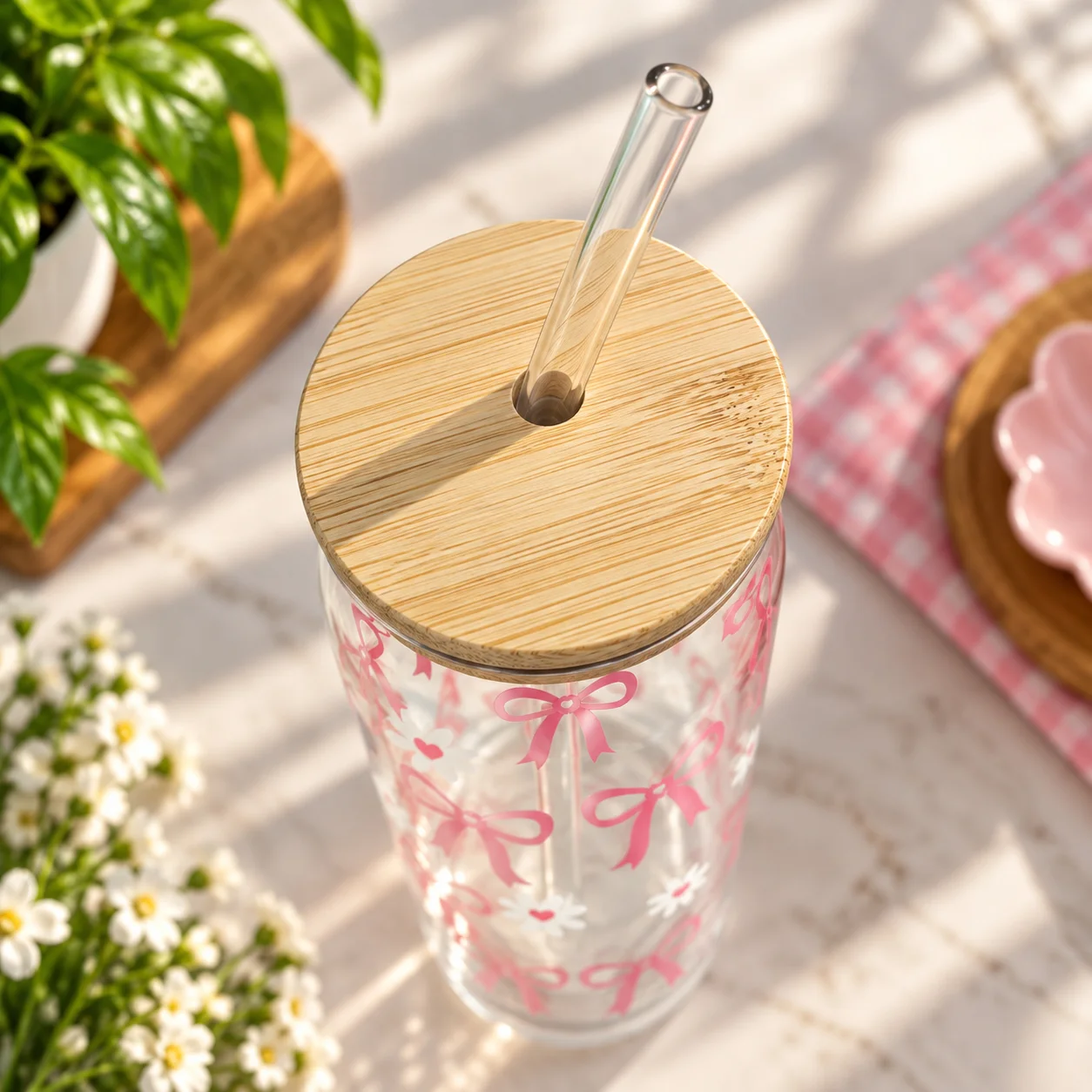 500ml Premium Glass Tumbler with Bamboo Lid & Reusable Glass Straw – Pink Bow & Flower Design 3