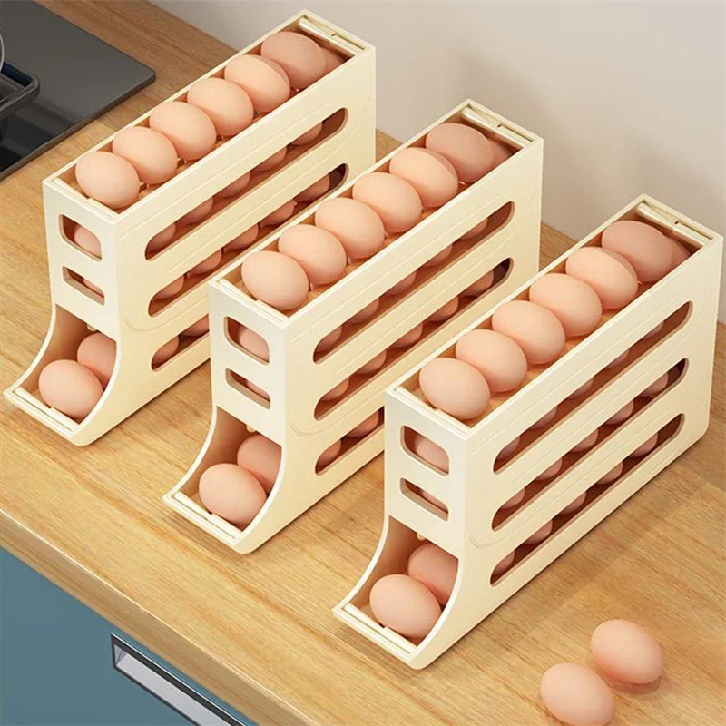 Slide Egg Storage Box Refrigerator Side Door Storage Box Automatic Scrolling Egg Holder Tray 4 Layer Rolling Egg Dispenser Rack 2