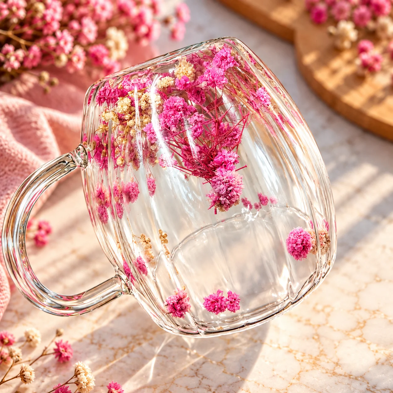 220ml Premium Glass Coffee Mug with Handle – Transparent Floral Design Tea & Coffee Cup 2