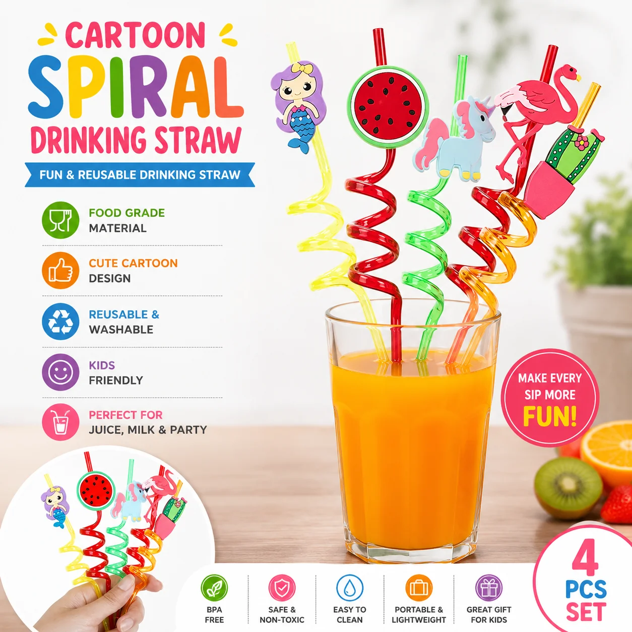 4Pcs Straw for Kids & Party Decoration Colorful Fruit Style Straw/Reusable Straws Smoothie Drinking Straws for Milkshakes 3