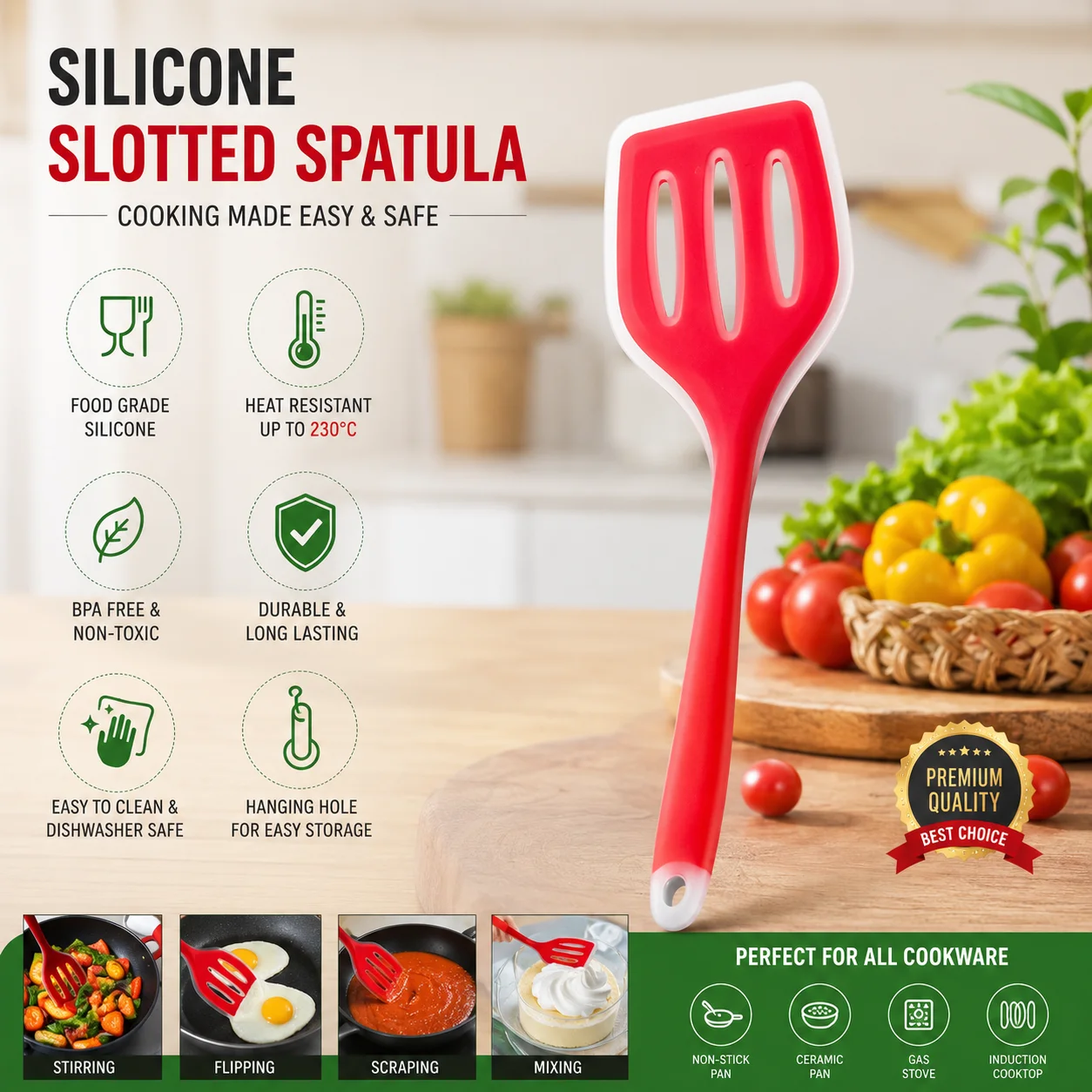 1Pcs Silicone Cooking Spoon 12 Inch, Non-stick Slotted Turner Spatula 2