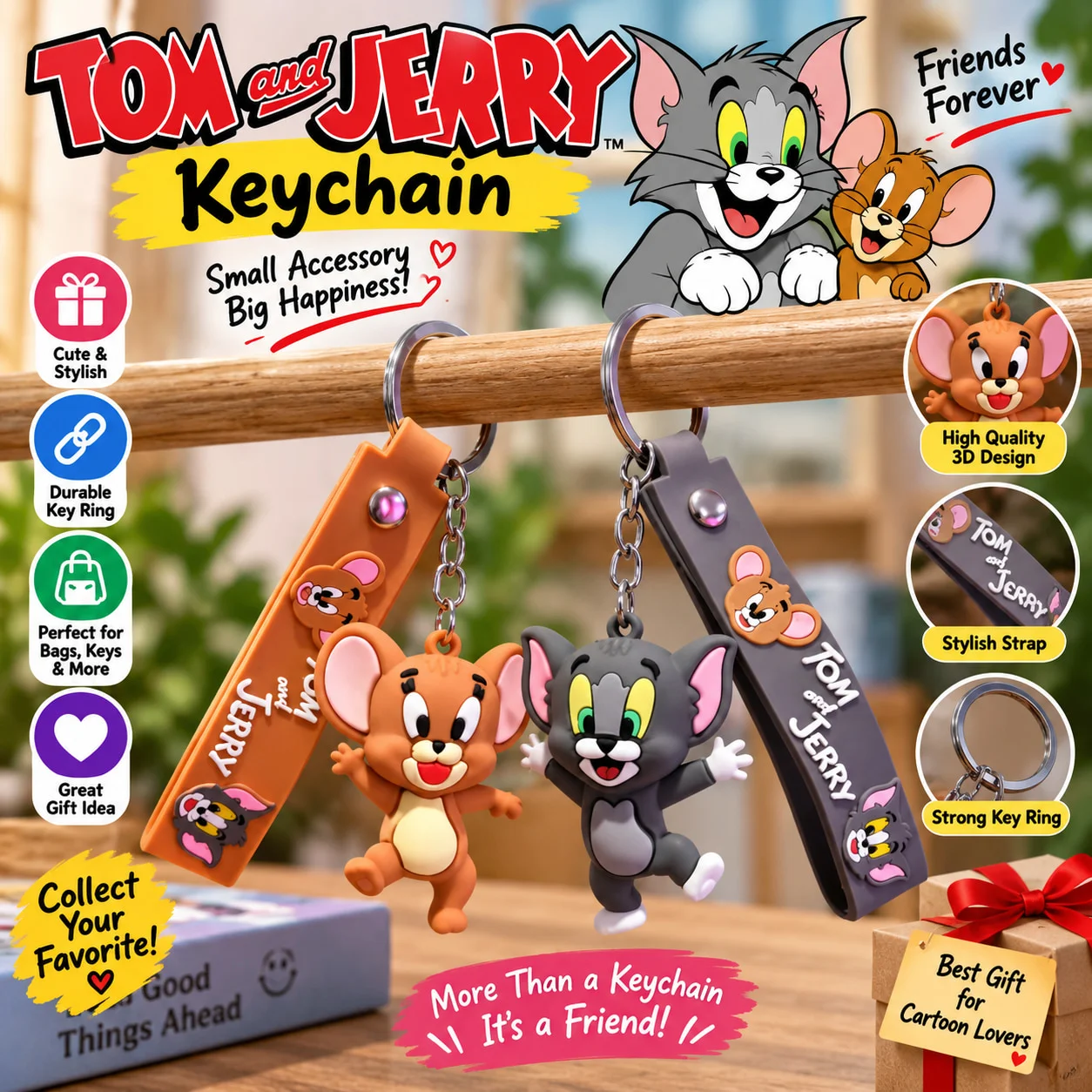 TOM & JERRY Cute Keychain, trendy cartoon keychain accessory, bag pendant keyring for students 2