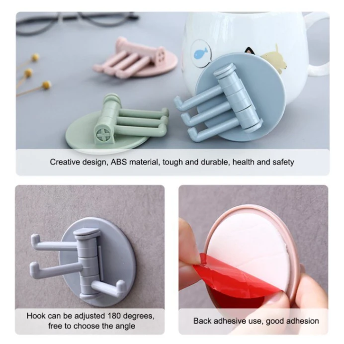 1Pcs Self Adhesive Wall Door Key Holder, 180° Rotation 3in1 Hook Key Holder, 4