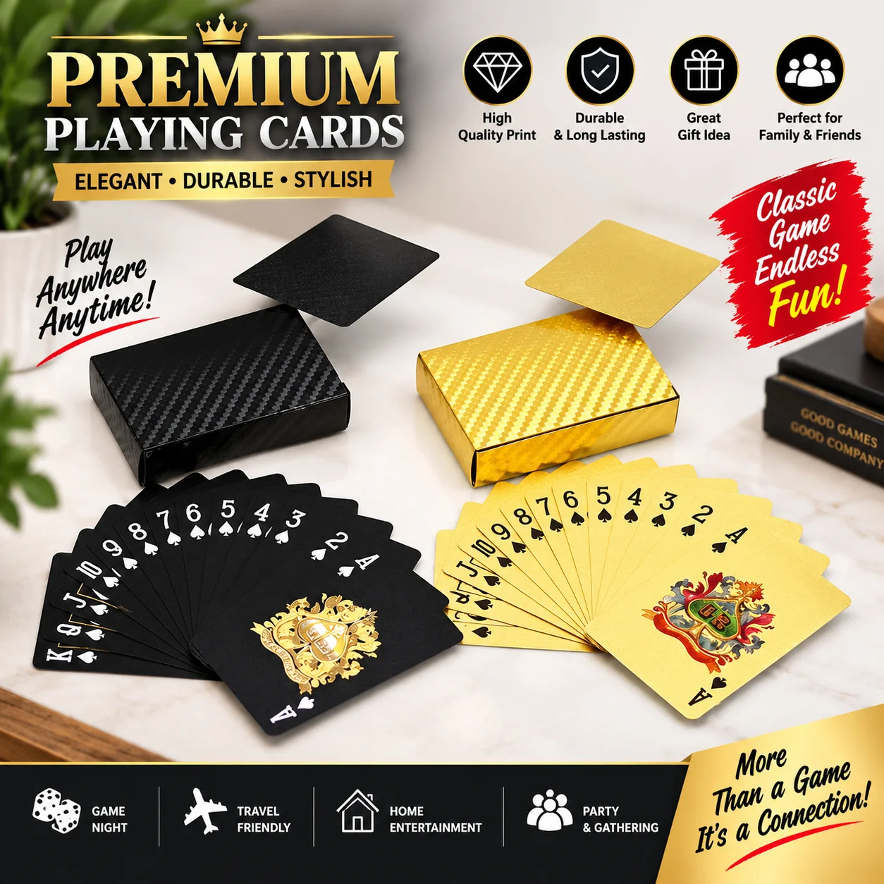 Gold Premium Poker Card Waterproof Plastic Foil Luxury Poker Card Playing Cards Game - Golden Silver Black PET Card Tash Play Card 54 Pcs Colourful 3