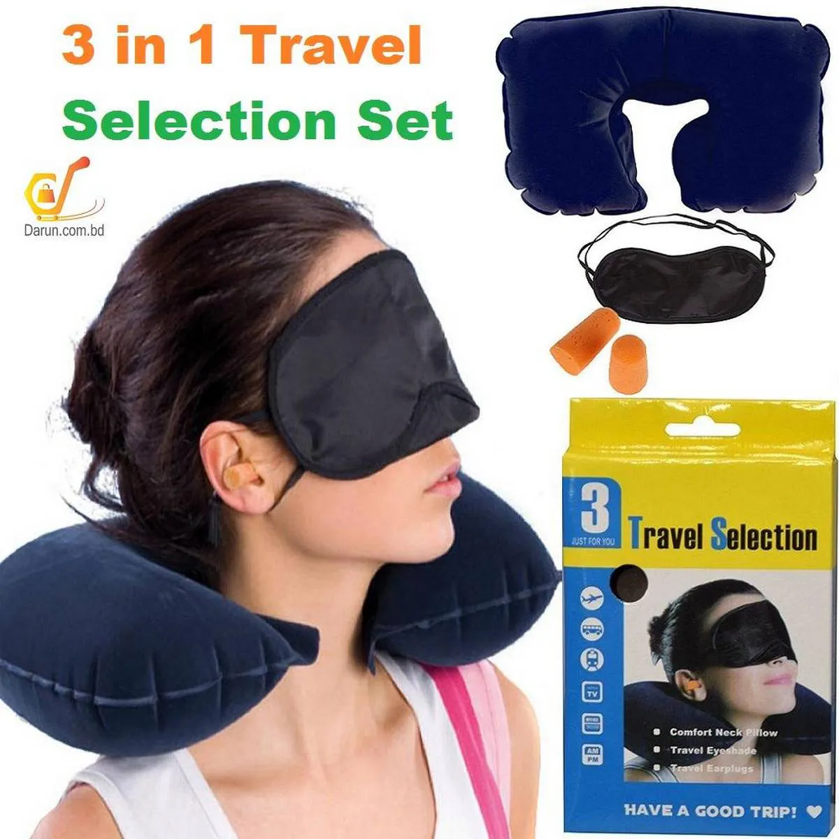 Travel Selection 3 in 1 with Comfort Neck Pillow Sleeping Eye Mask Travel Earplug Set 2
